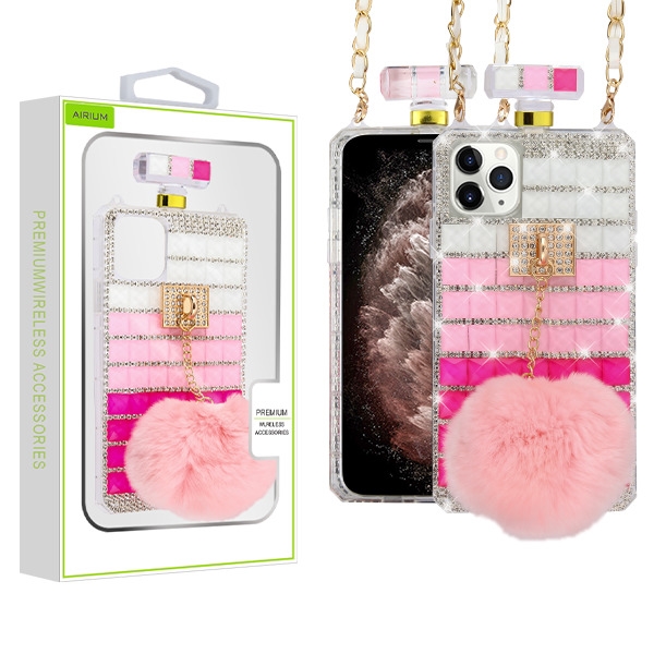 Airium Crystals Diamante Perfume Bottle Candy Skin Cover With Pink Cute Plush Bulb With Chain For Apple Iphone 11 Pro Max Gradient Stripes For Apple Iphone 11 Pro Max