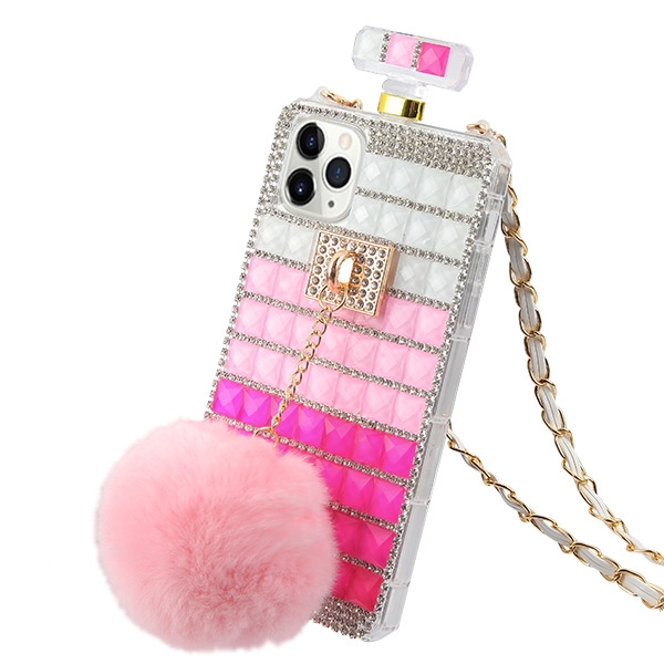 Airium Crystals Diamante Perfume Bottle Candy Skin Cover With Pink Cute Plush Bulb With Chain For Apple Iphone 11 Pro Max Gradient Stripes For Apple Iphone 11 Pro Max